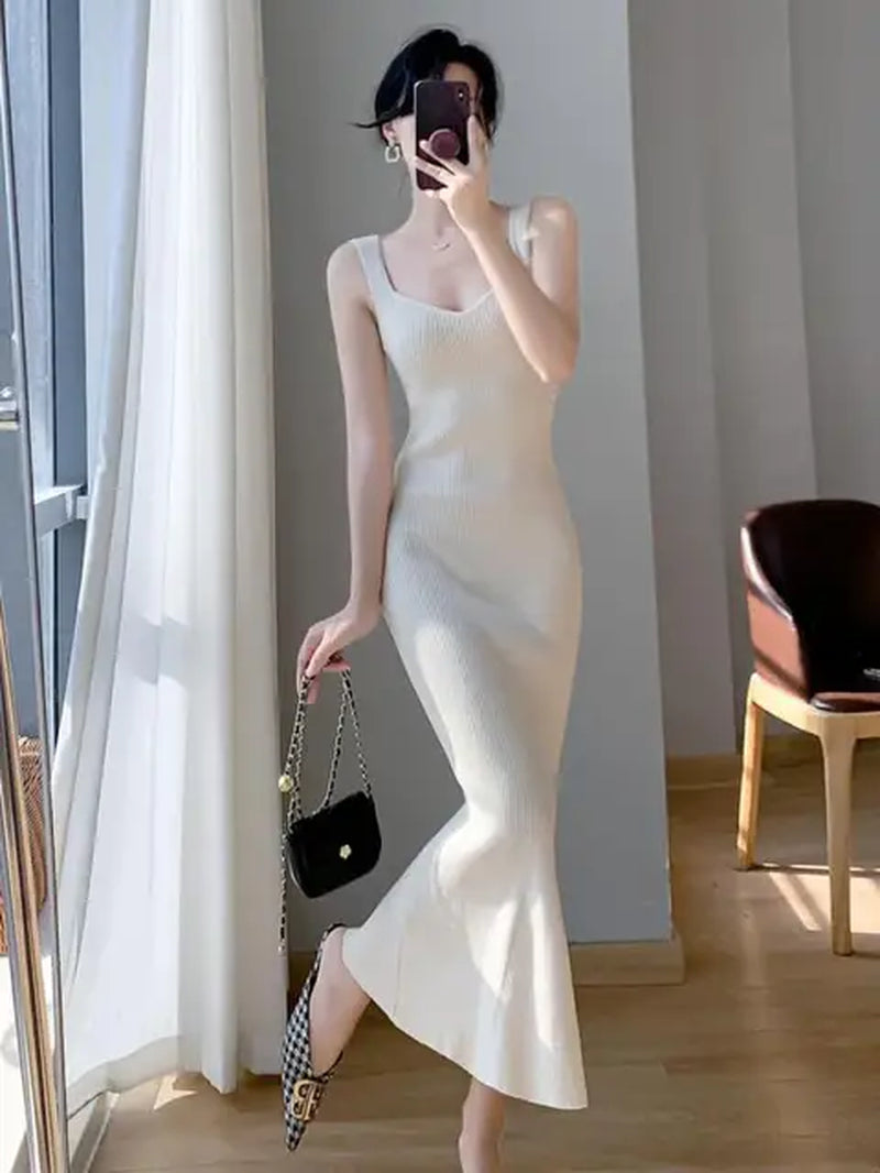 Chic V-Neck Knit Slip Maxi Dress for Summer Parties