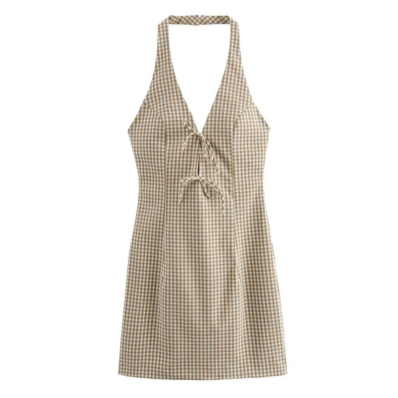 Womens Plaid Halter Mini Skirt Dress Resort Style Summer