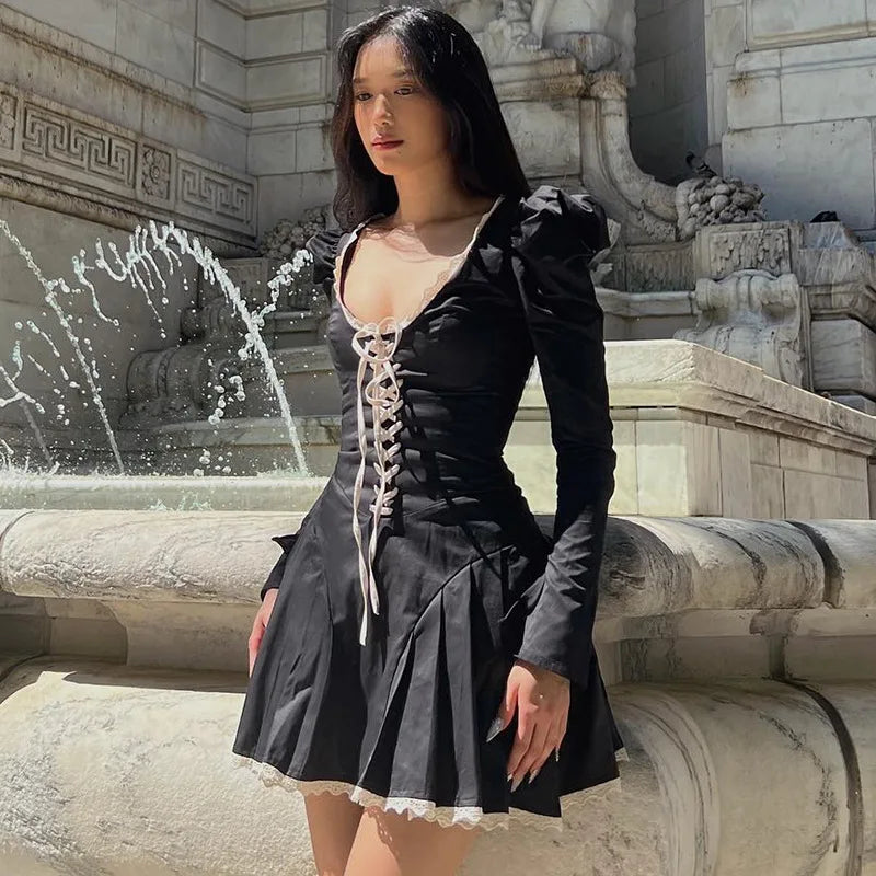 Women's Long Sleeve U-Neck Tie Waist Black Dress - Image 4