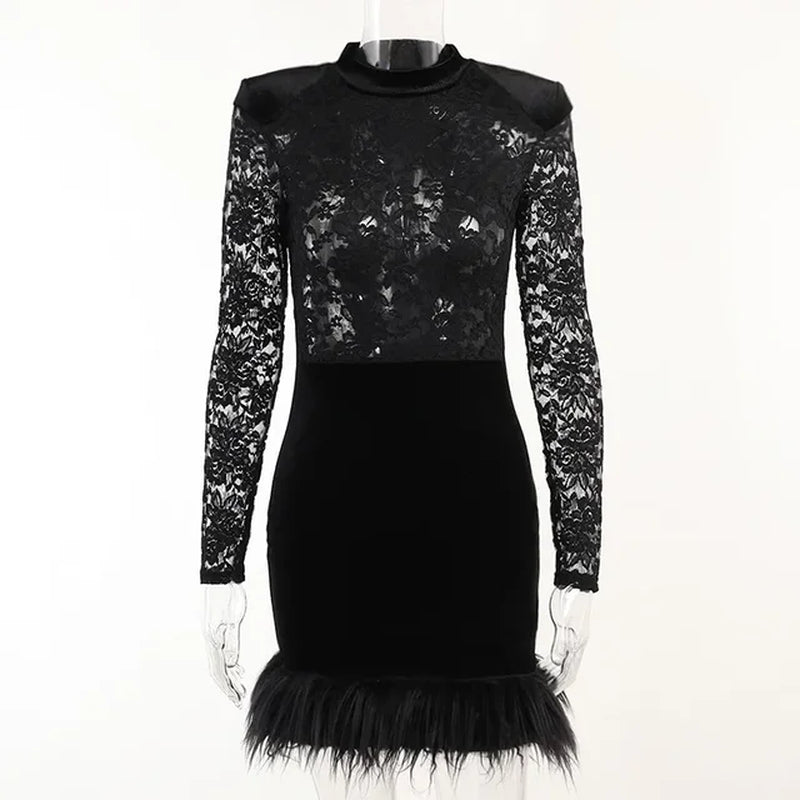 Women's Lace Stitching Hip Hottie Skirt Suede Hair Dress