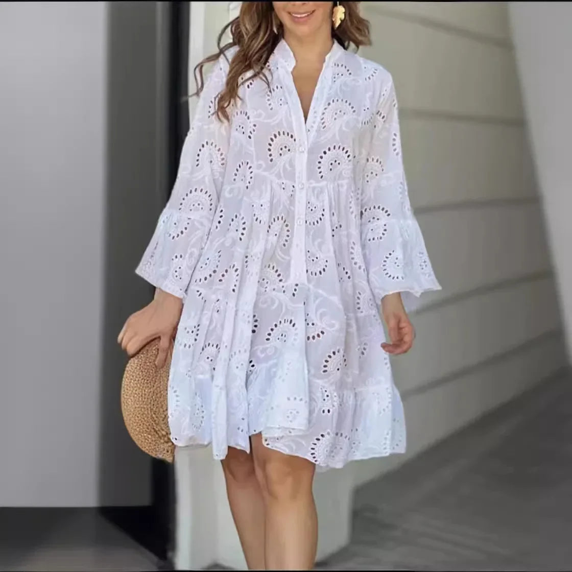 Vintage Lace V-Neck Hollow Out Beach Mini Dress Women - Image 4