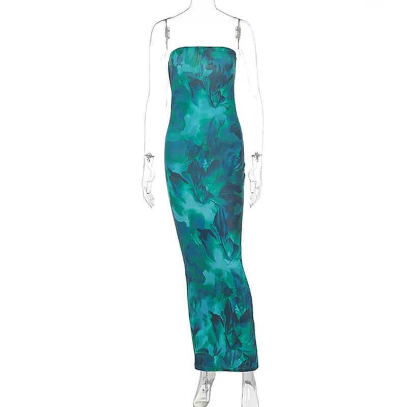Green Print Strapless Maxi Dress for Summer