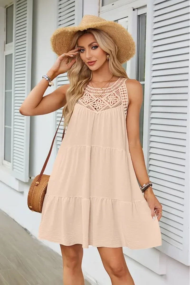 Floral Lace Patchwork Mini Dress Sleeveless A-Line Women's Summer Dress
