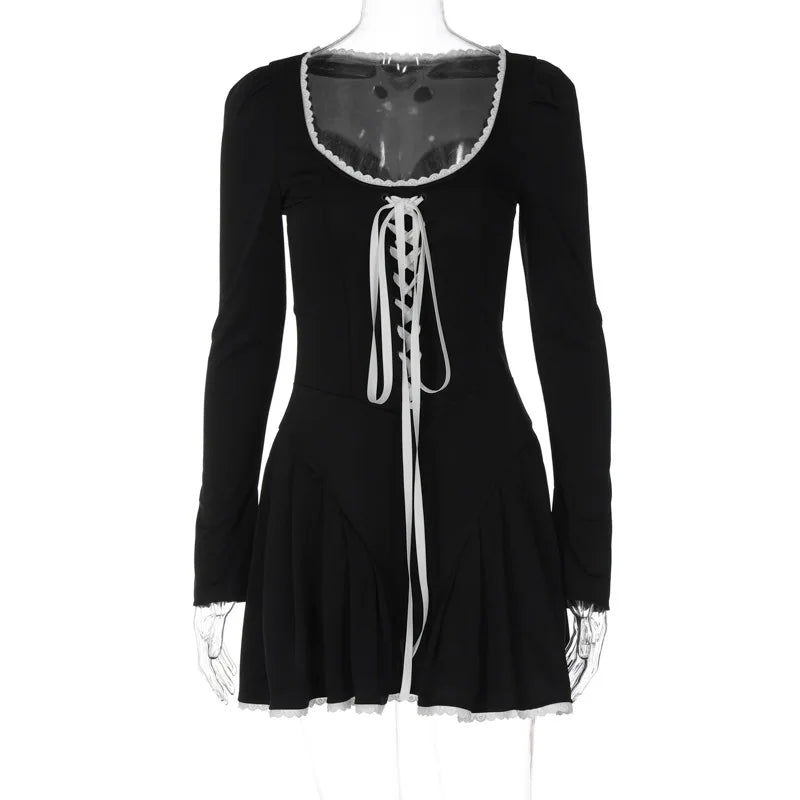 Women's Long Sleeve U-Neck Tie Waist Black Dress - Image 7