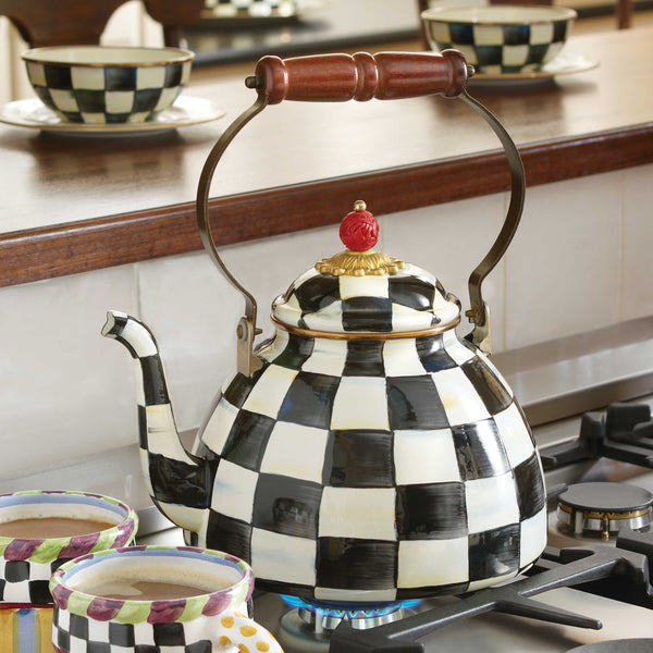 Iconic Mackenzie-Childs black and white tea kettle