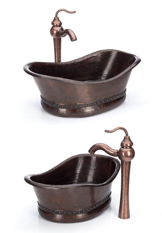 Tub hand-hammered copper sink with copper faucet