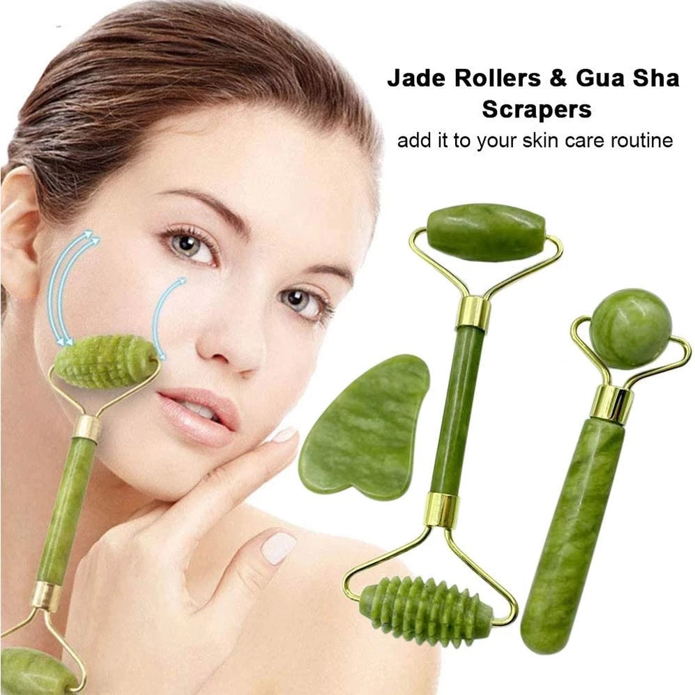 Imagem 1 de Conjunto de Pedras de Jade Para Cuidados Com a Pele Facial Anti-envelhecimento Rosto Olho Pescoço Beleza Rolo Massageador