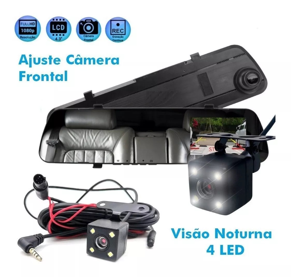 Imagem 2 de Câmera de Ré e Frontal Com Gravação Knup – Espelho Retrovisor Inteligente Full Hd