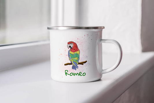 Personalisierte Emaille-Tasse Papagei mit Deinem Namen