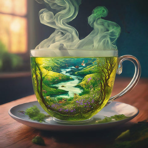 A cup of magical mugwort tea that with a dreamy landscape in the cup