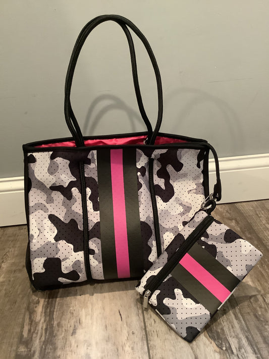 Grey Camo Pink Stripe Tote