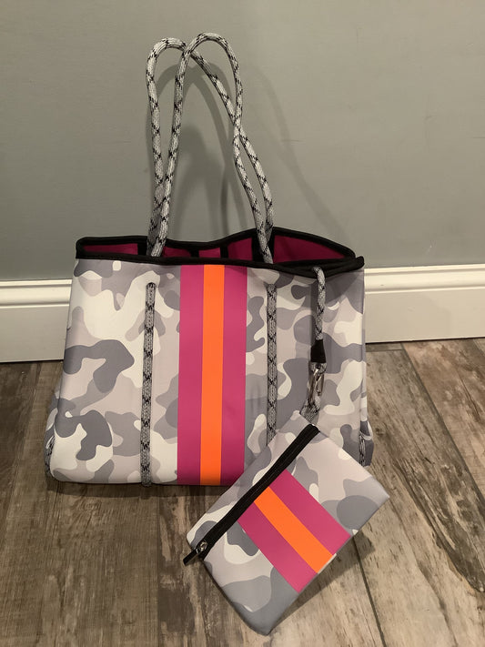 Green Camo with Neon Orange/Lavender Stripe Neoprene Tote bag