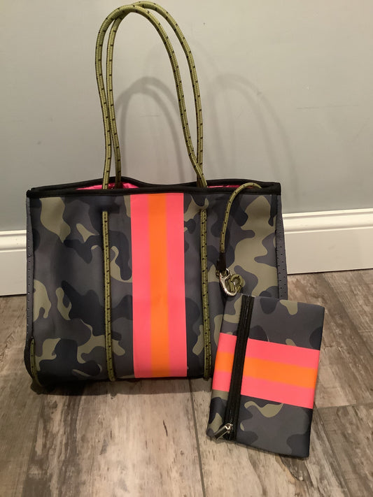 Green Camo with Neon Orange/Lavender Stripe Neoprene Tote bag