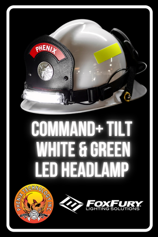 Command+ Tilt White & Green LED Headlamp on a Phenix First Due Fire Helmet