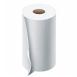 Roll of white paper towels on a plain background.