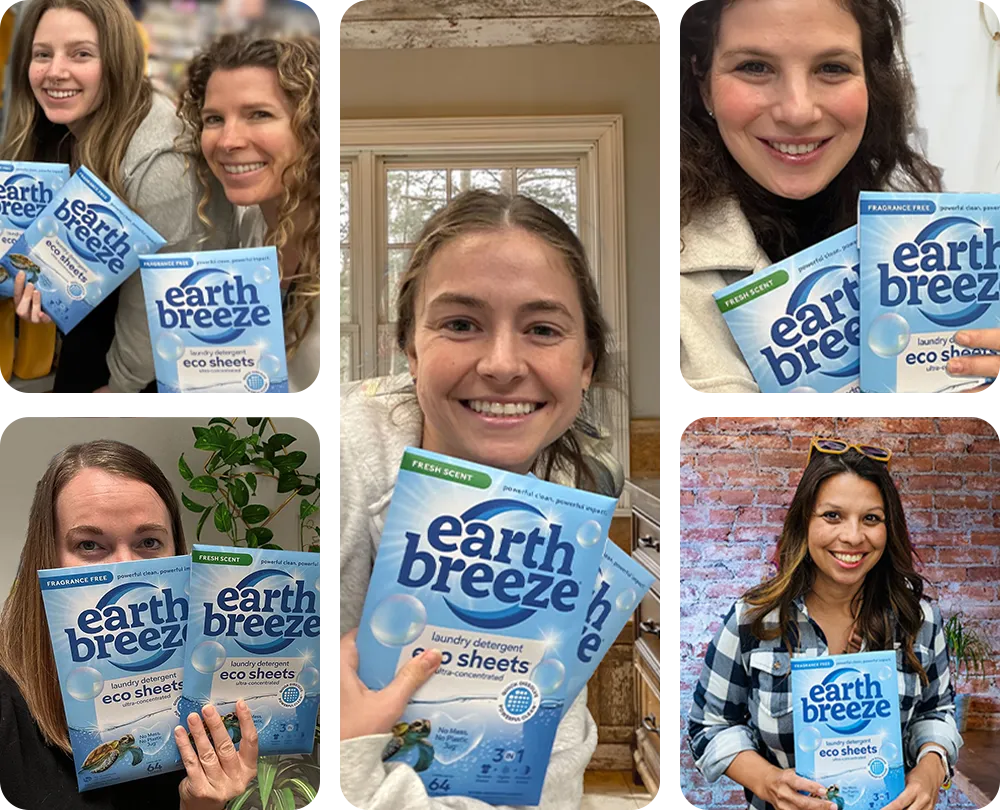 People holding Earth Breeze laundry detergent eco sheets packages.