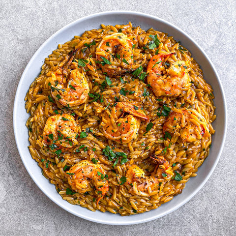 King Prawn Orzo with Tomato and Saffron