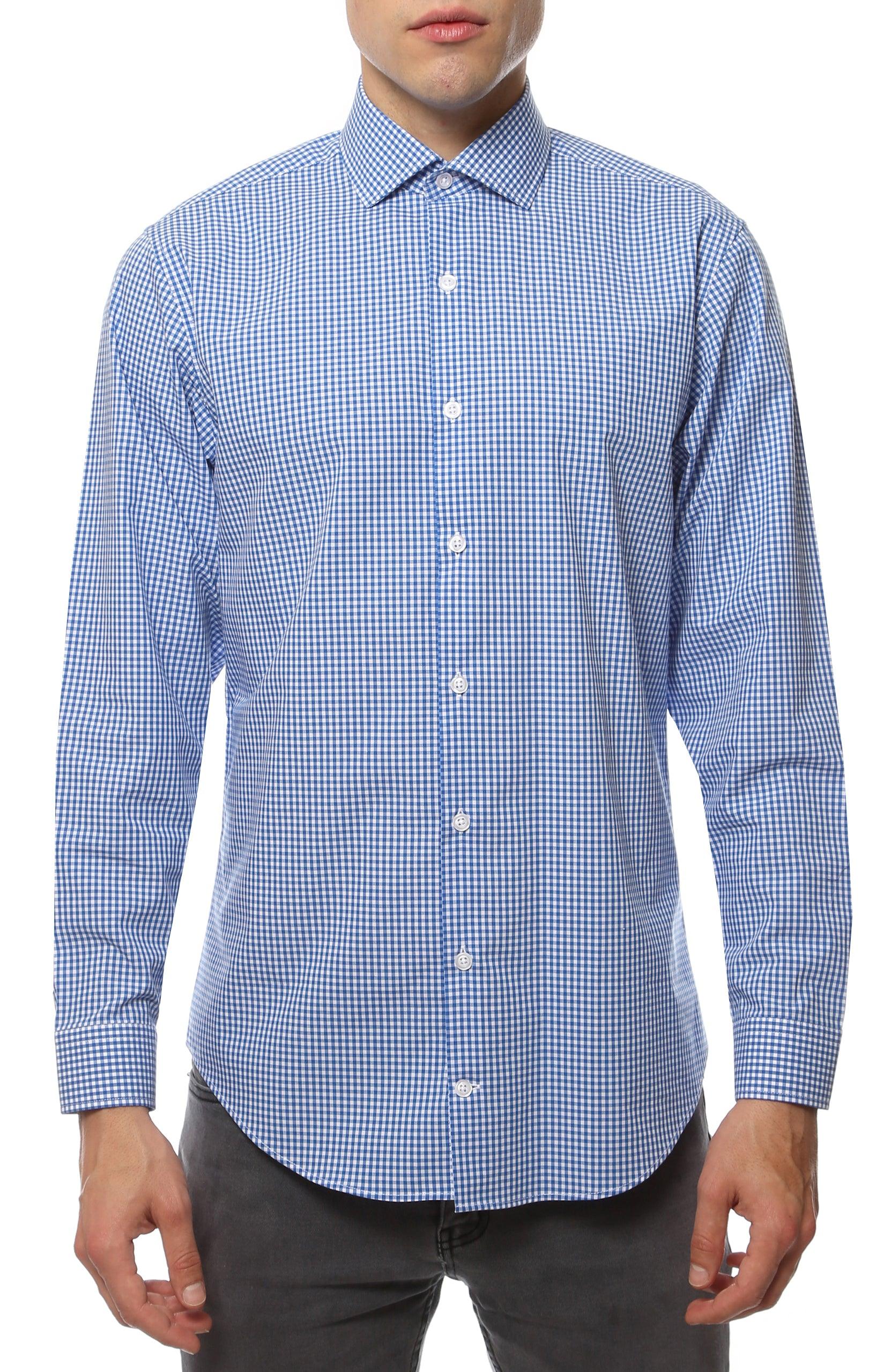 Mens Slim Fit Blue Gingham Check Casual Dress Shirt | FERRECCI ...