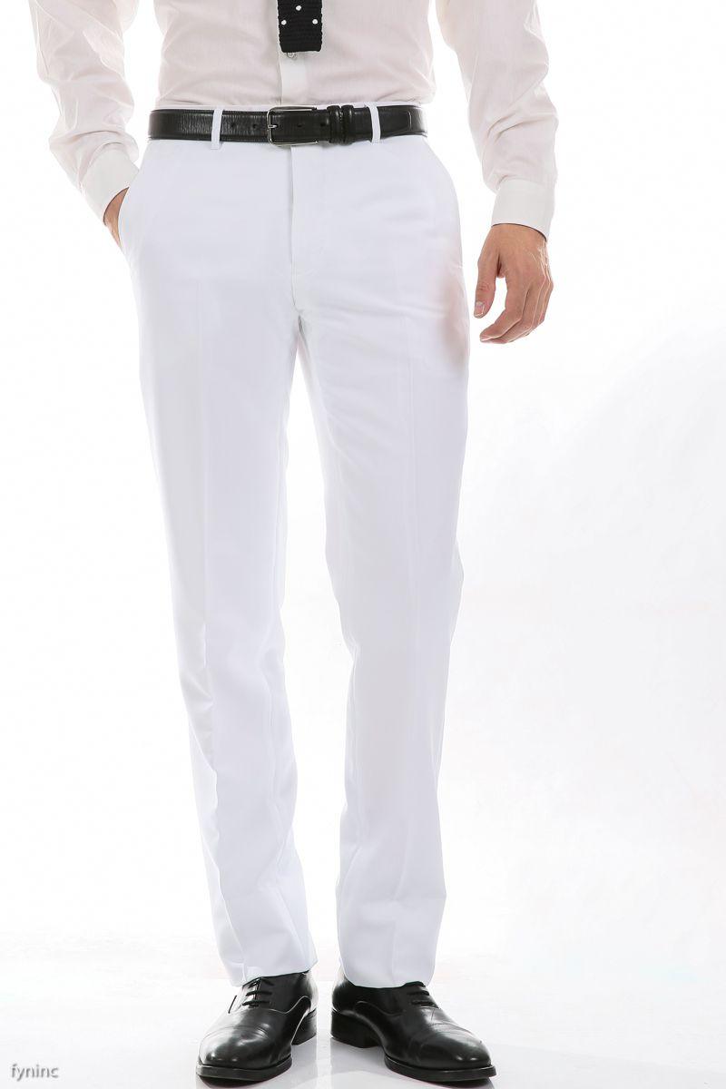 White Slim Fit Dress Pants Flat Front Pre-hemmed