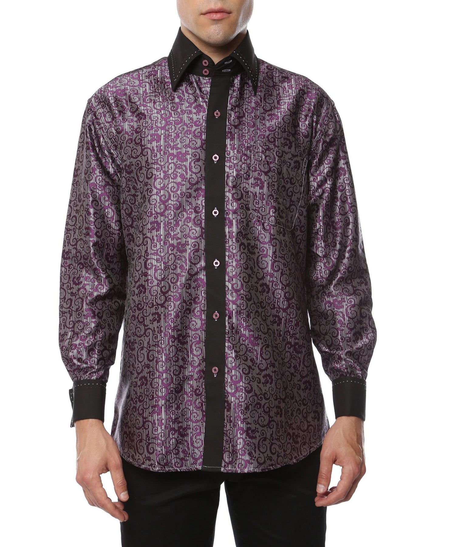 Ferrecci Men's Satine Hi-1007 Purple Pattern Button Down Dress Shirt