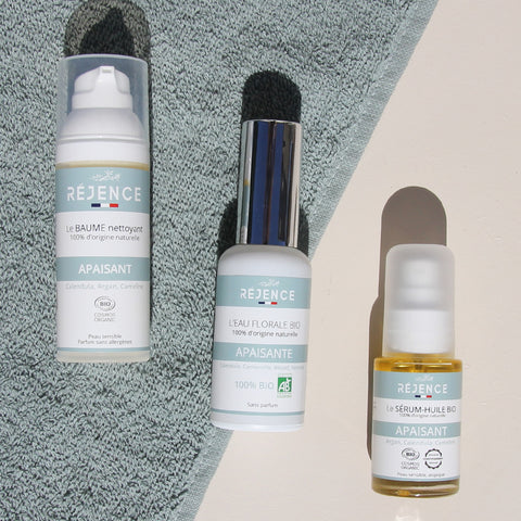 3 produits bio de la gamme apaisante de Réjence : le baume réparateur, l'eau floral et le sérum-huile. Une routine parfaite pour une période stressante.