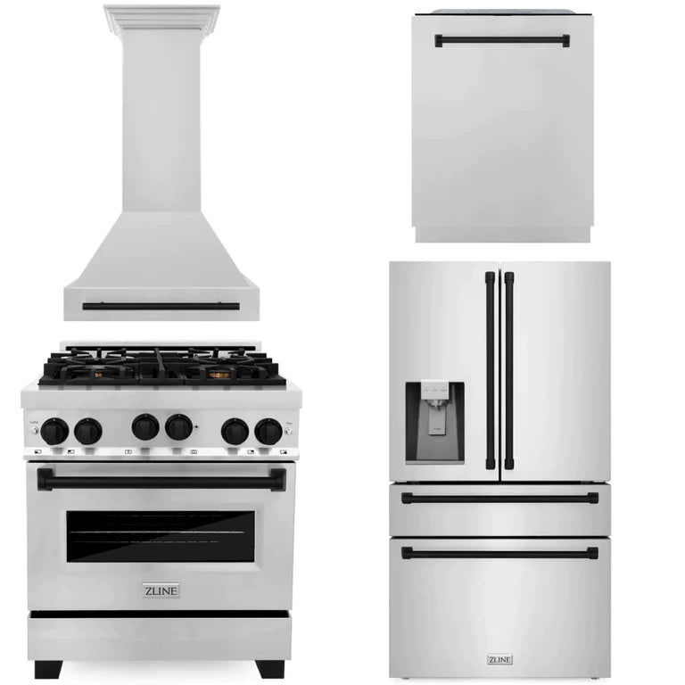ZLINE 30" Autograph Edition Kitchen Package with Stainless Steel Gas Range, Range Hood, Dishwasher and Refrigeration with Matte Black Accents