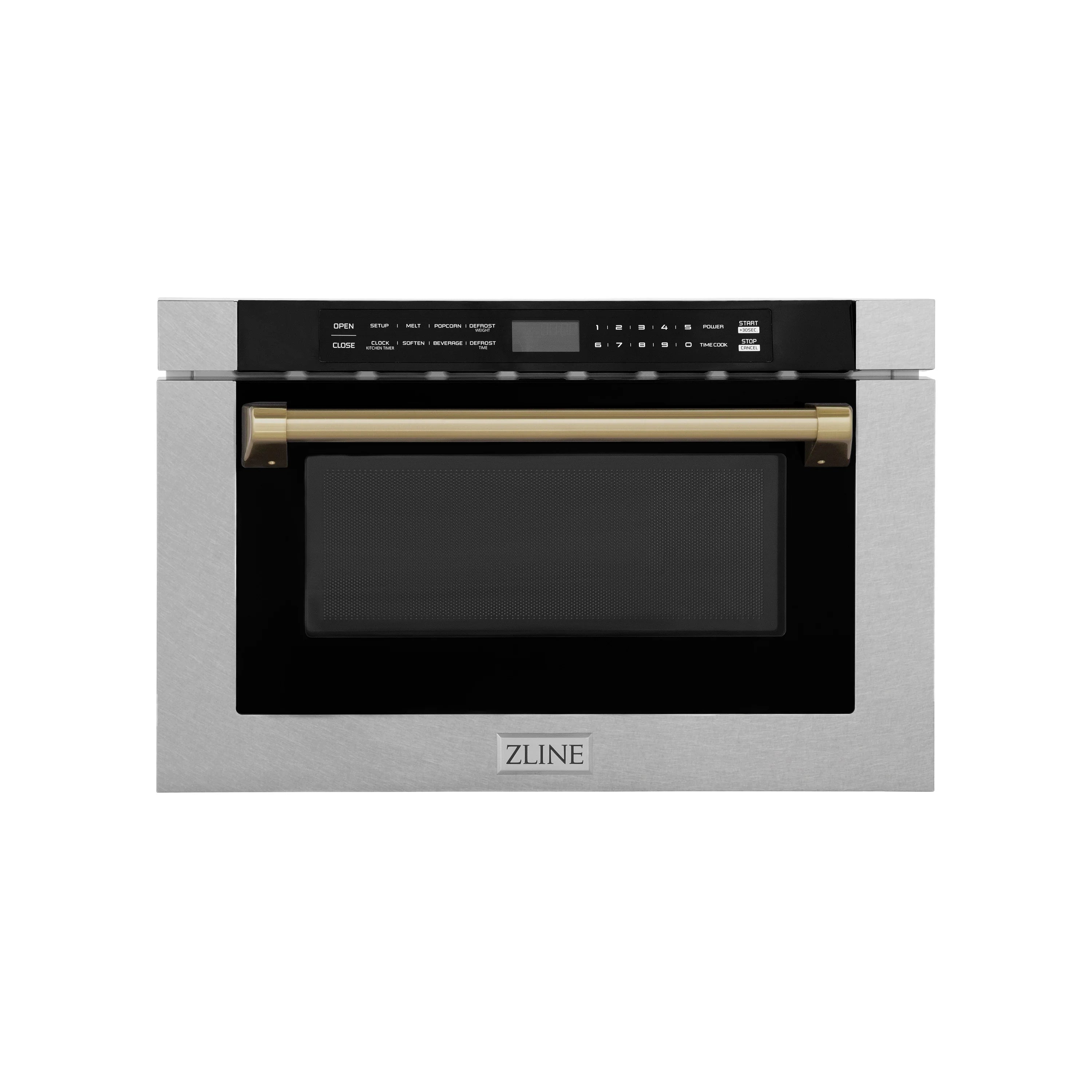 ZLINE Autograph Edition 24" 1.2 cu. ft. Built-in Microwave Drawer with a Traditional Handle in Fingerprint Resistant Stainless Steel and Champagne Bronze Accents