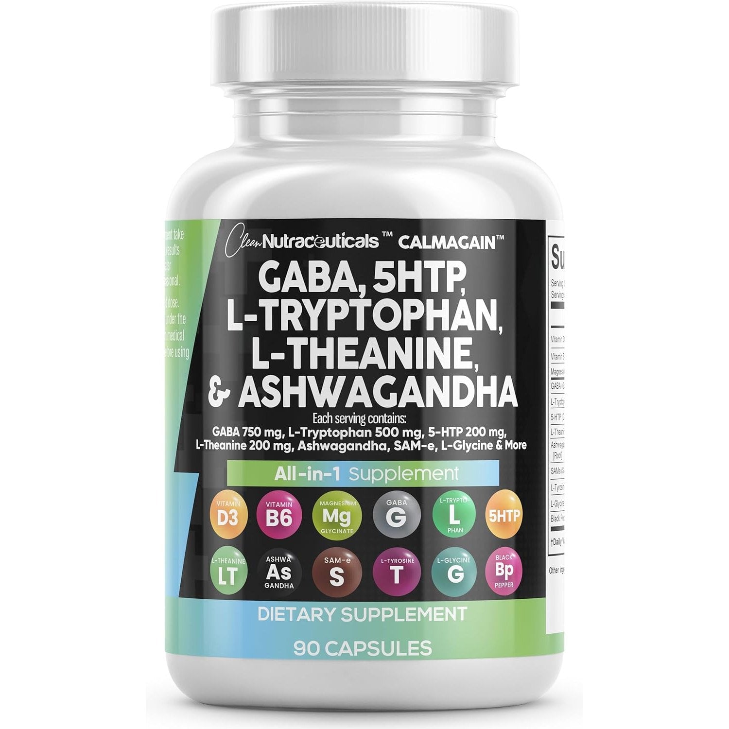 Clean Nutraceuticals GABA 750mg 5 HTP 200mg L Tryptophan 500mg L Theanine 200mg Ashwagandha SAM-e L-Glycine - Mood Support Vitamins for Women and Men with L-Tyrosine - Count