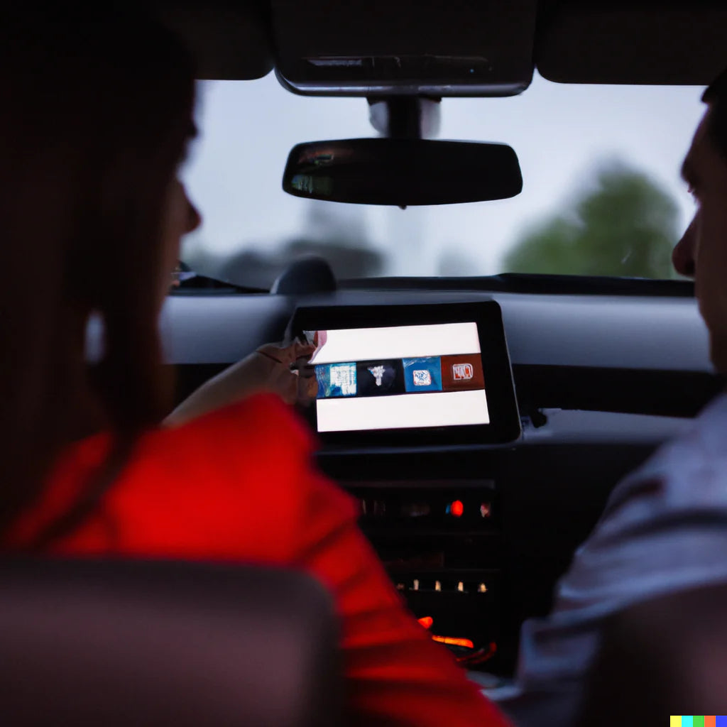 A real scene of a couple sit in the car and watch CarPlay on their car screen