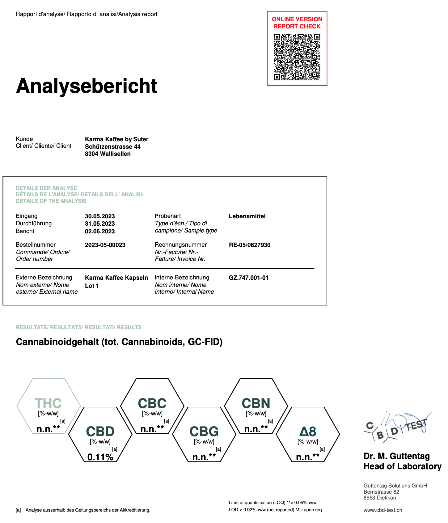 Analysebericht Karma CBD Kaffee