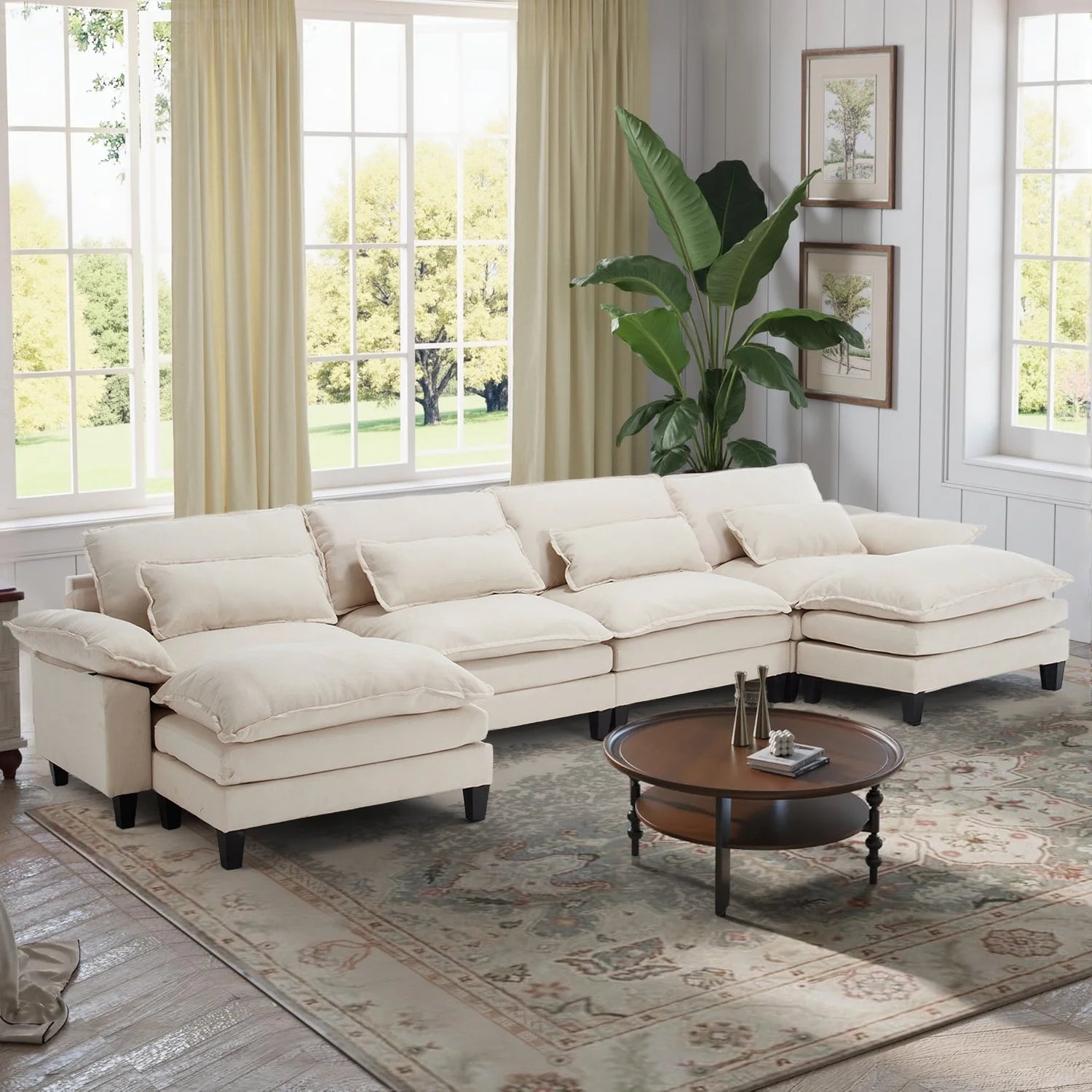 Ucloveria 154.8" Cloud Sectional Couch with U shape Sofa, Modern Modular Sofa with Deep Seat, Upholstered Couches for Living Room Bedroom,4 Lumbar Pillow, Beige (Ice velvet Fabric)
