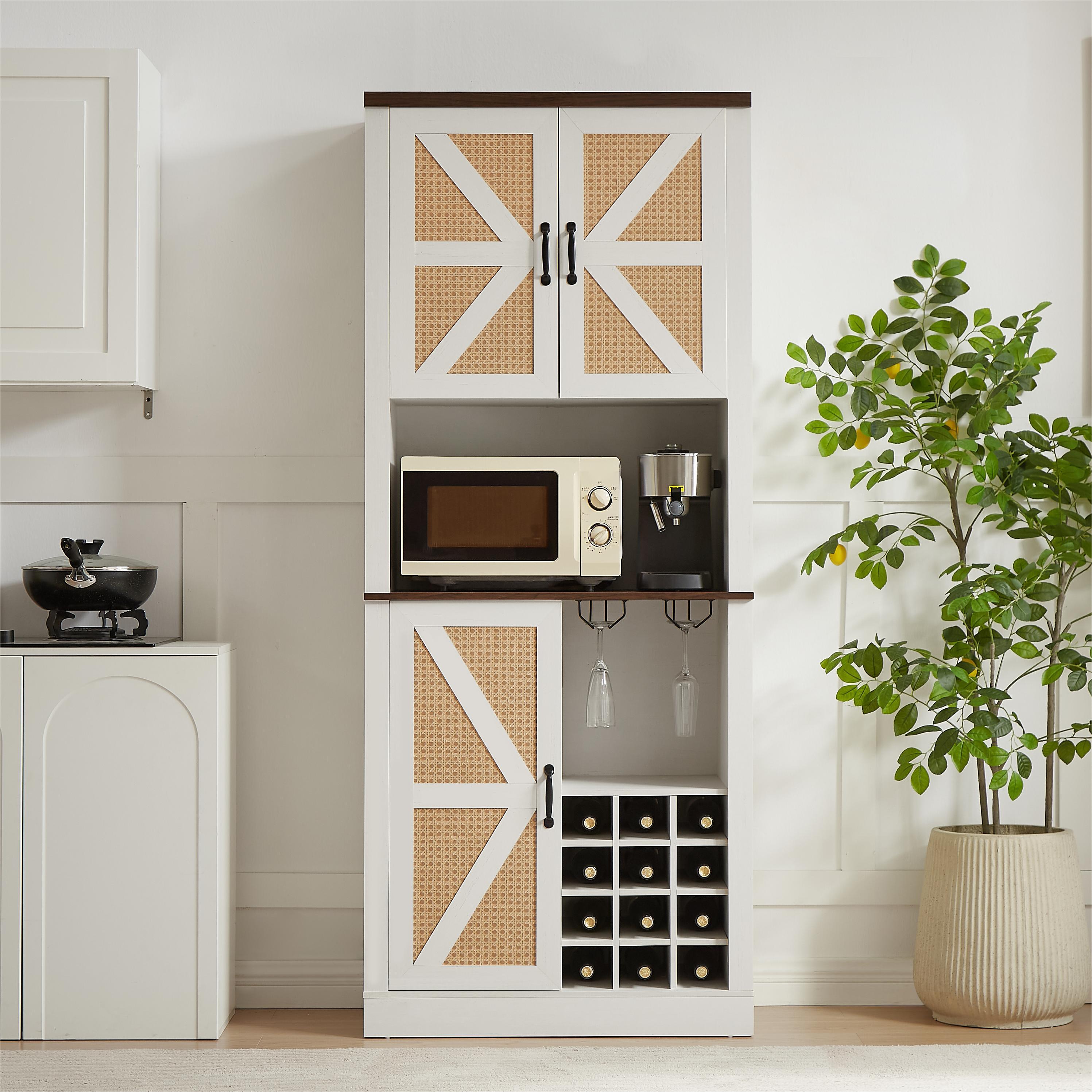 76 Inch Tall Farmhouse Kitchen Faux Rattan Wine Cabinet, Kitchen Bar Cabinet with Square Compartments and Shelves, Large Wooden Faux Rattan Storage Cabinet with Barn Doors and Microwave Shelves