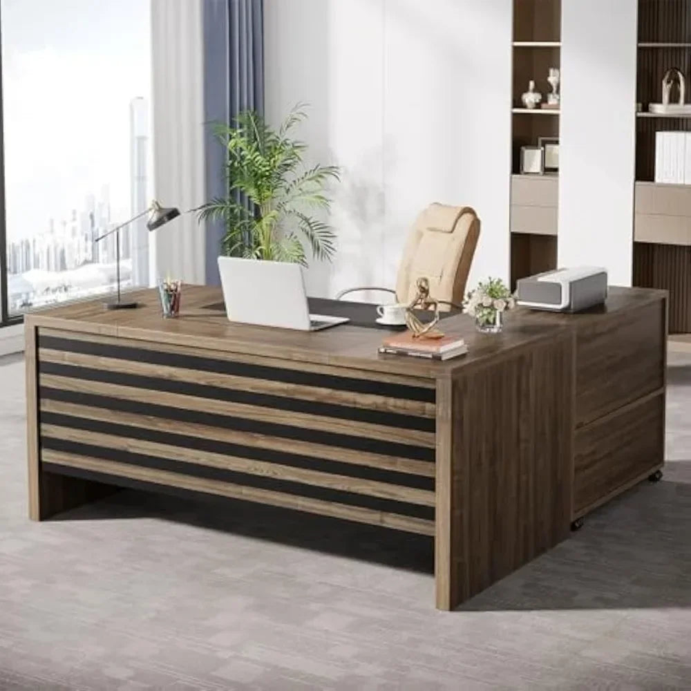 Executive Desk with Mobile File Cabinet, L-Shaped Office with Storage Shelves, Large Computer Desk Business Workstation