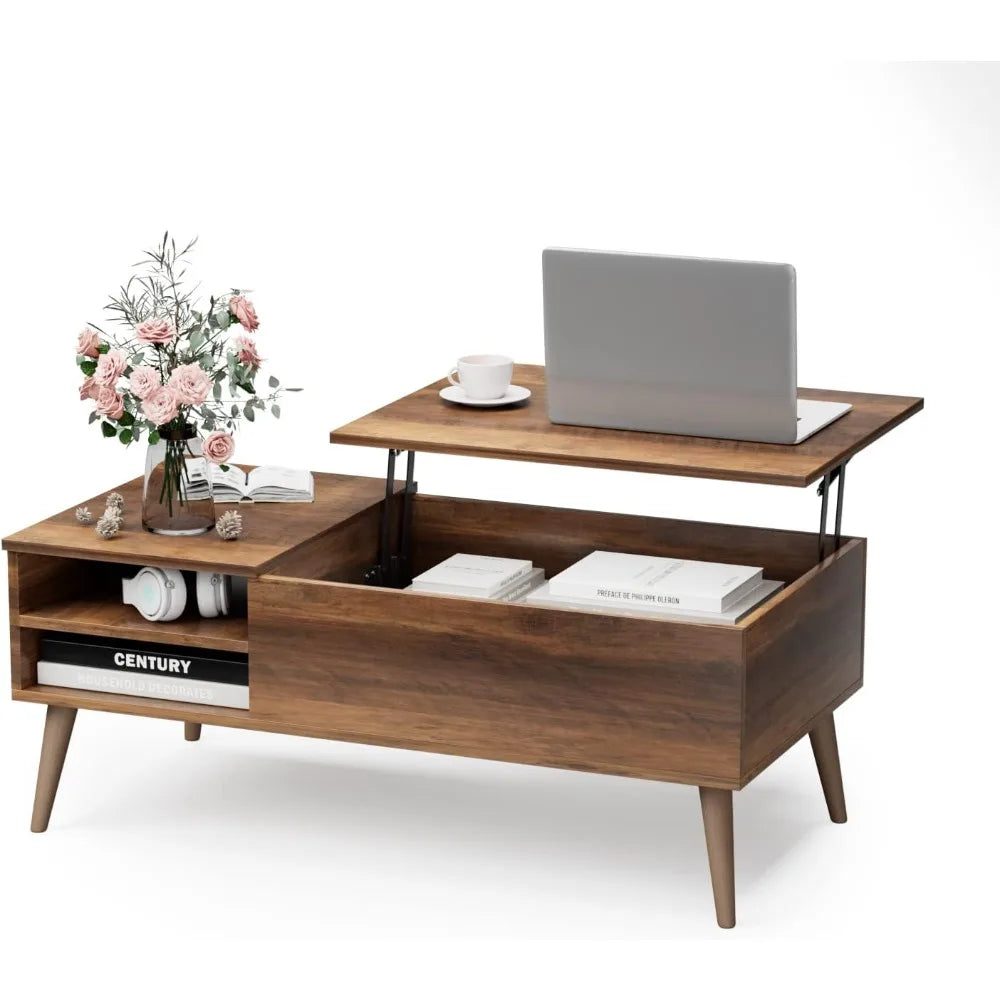Wood Lift Top Coffee Table with Hidden Compartment, Storage Shelf and Metal Frame, Modern Center Table Coffee Tables