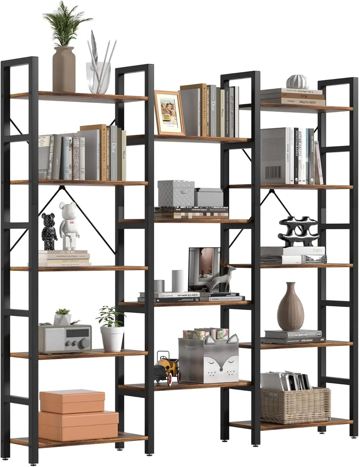 Triple Wide 5 Tier Bookshelf, Shape Changeable Bookcases, Open Display Shelves, Modern Tall Bookcase Furniture for office