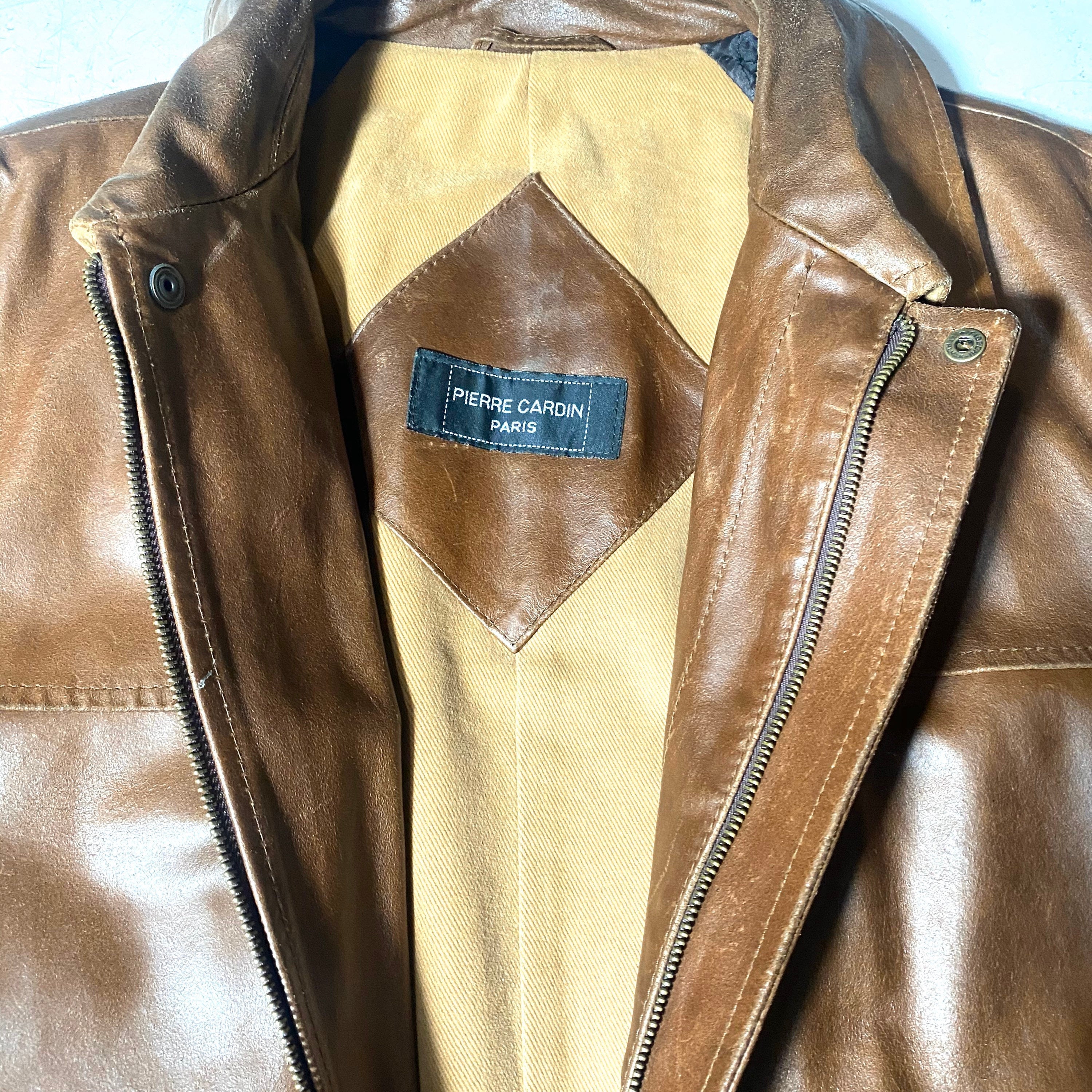 Pierre Cardin Paris tan leather trench / jacket with beige canvas lining,  80s Italy