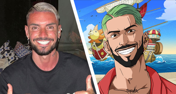 Le footballeur Remy Cabella caricaturé en One Piece avant et après le dessin