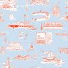 Hamptons Toile Traditional Wallpaper Wallpaper Light Blue Red / Double Roll