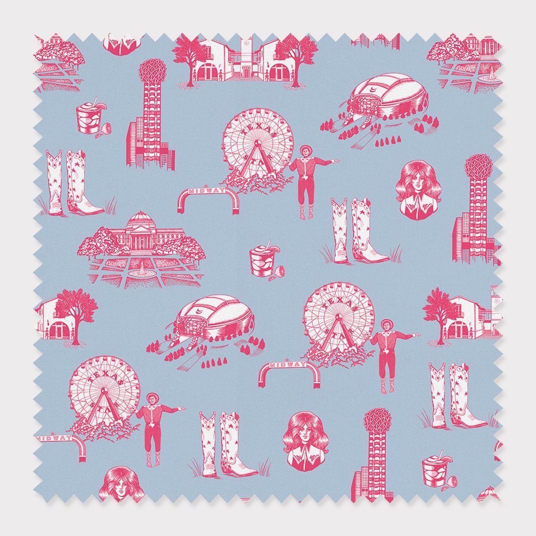 Fabric Cotton / By The Yard / Blue Pink Dallas Toile Fabric dombezalergii