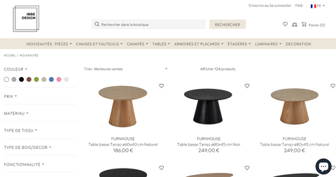 Menu des articles sur l'e-commerce de meubles scandinaves IBBE DESIGN