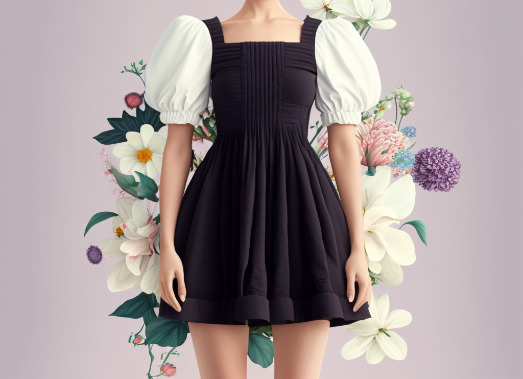 Black and white babydoll dress with colorful wildflowers in the background.