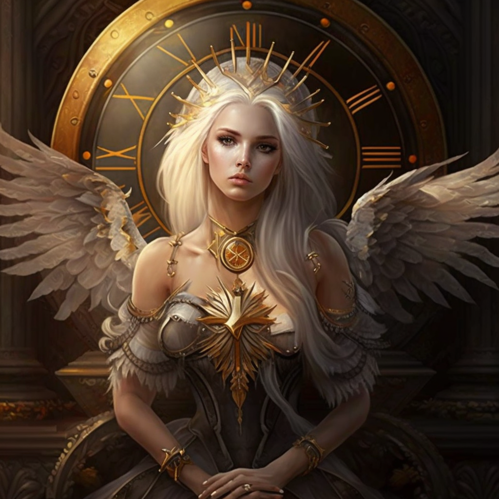 an Elder Fairy sitting with a pompous attitude, gold inlayed adornments on her, angel wings, and a large clock tower behind her.