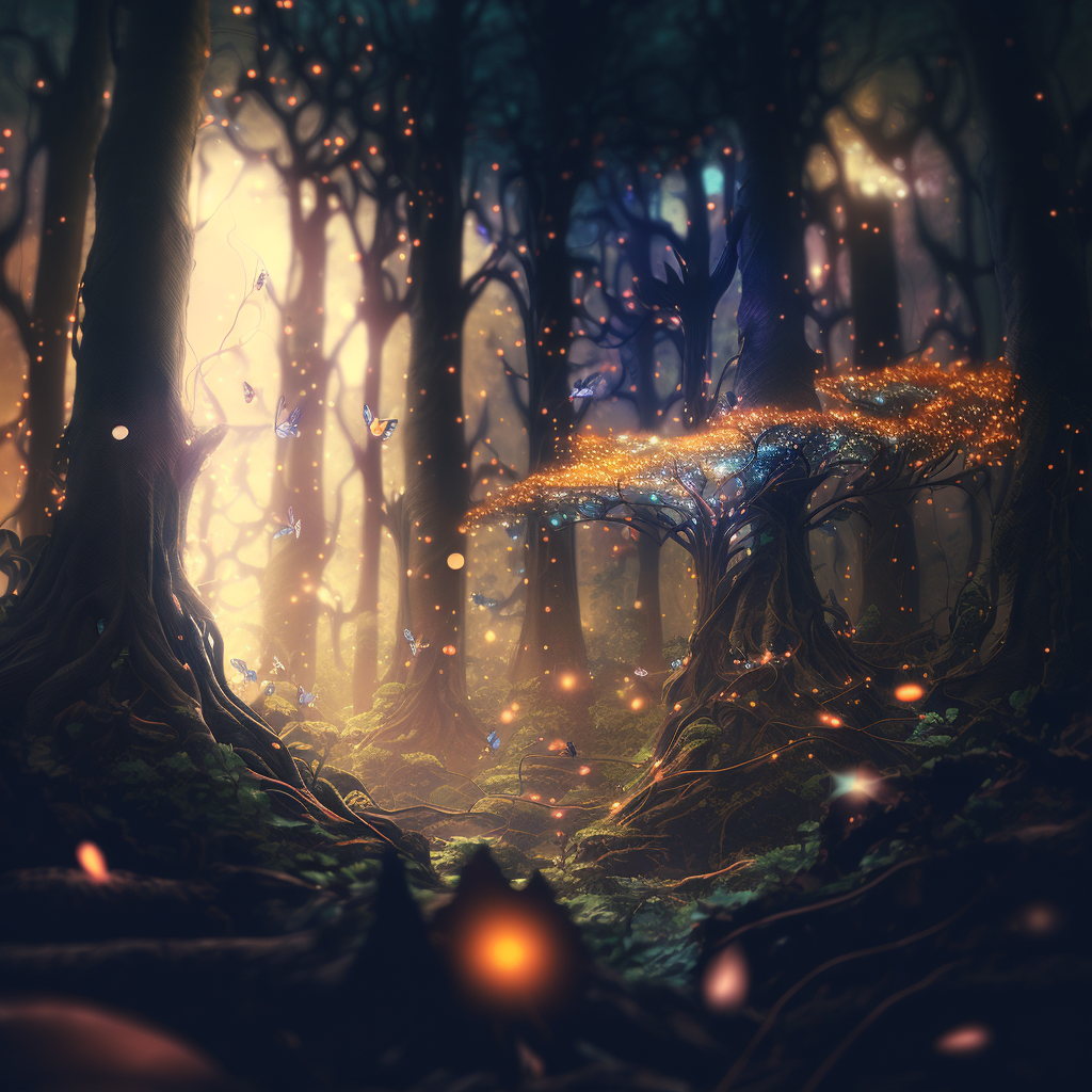 Forest with sunlight shining through with forest sprites floating around.