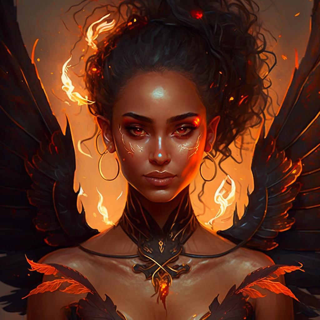 A middle eastern fire fairy with red eyes and ember coming out of her wild hair, an elaborate choker and firey wings.