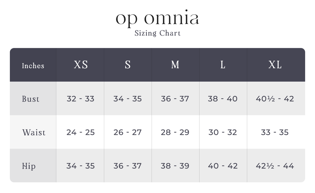 Sizing chart of op omnia apparel - from extra small to extra large of bust, waist, and hip.