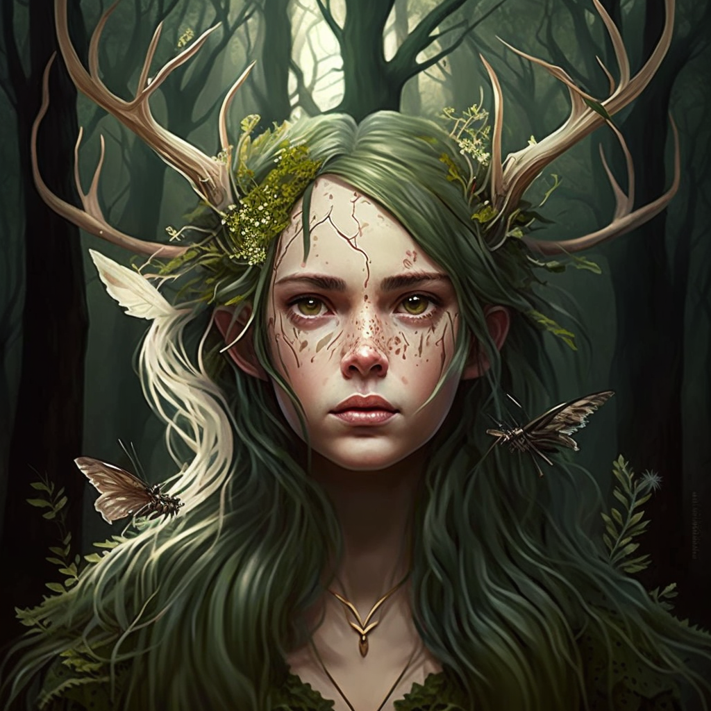 A woodland fairy with grassy green hair and antlers, with a mud covered face.