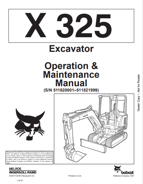 BOBCAT X 325 EXCAVATOR OPERATION & MAINTENANCE MANUAL (6722714) - PDF FILE