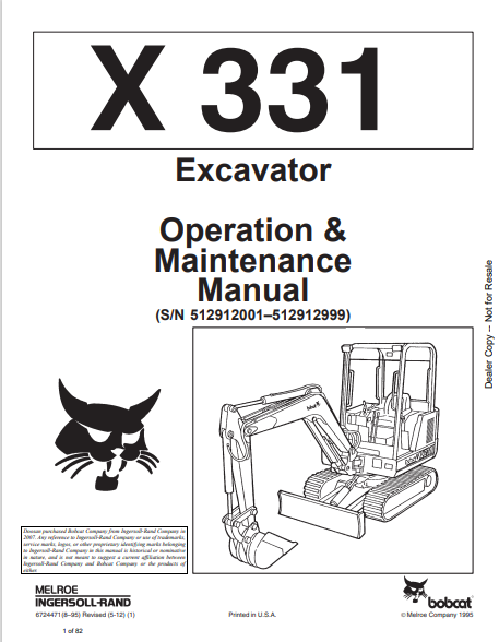 BOBCAT X 331 EXCAVATOR OPERATION & MAINTENANCE MANUAL (6724471) - PDF FILE
