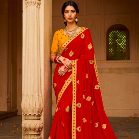 Red Chiffon Zari Saree