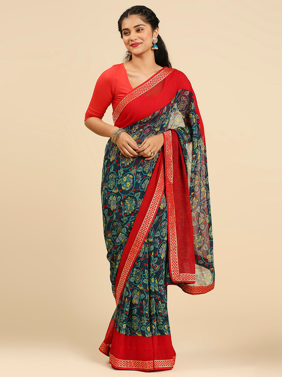 Red Foil Printed With Woven Border Georgette Saree